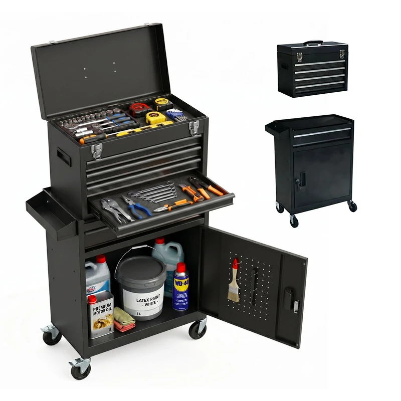 Relaxdays tool trolley, 5 drawers, storage compartment & top box, lockable, HxWxD: 104x59.5x28 cm, steel, black