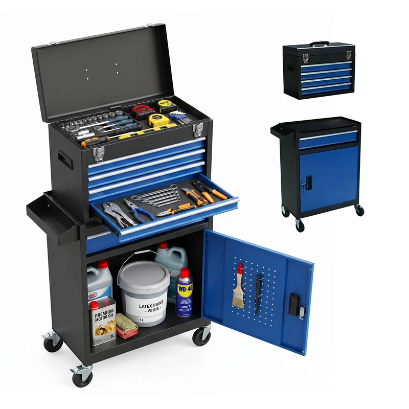 Relaxdays workshop trolley, 5 drawers & top box, lockable, HxWxD: 104x59.5x28 cm, steel, black-blue