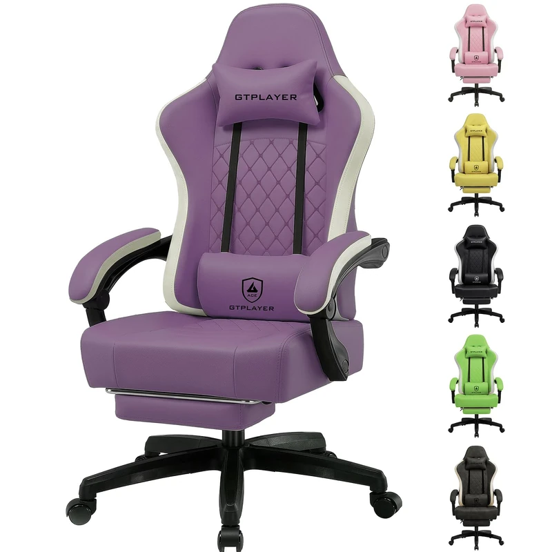GTPLAYER Gaming Chair with Footrest, Ergonomic Computer Desk Chair with Pocket Spring Cushion Home Office High Back Support Lumbar Support Heavy Duty Wide, Purple