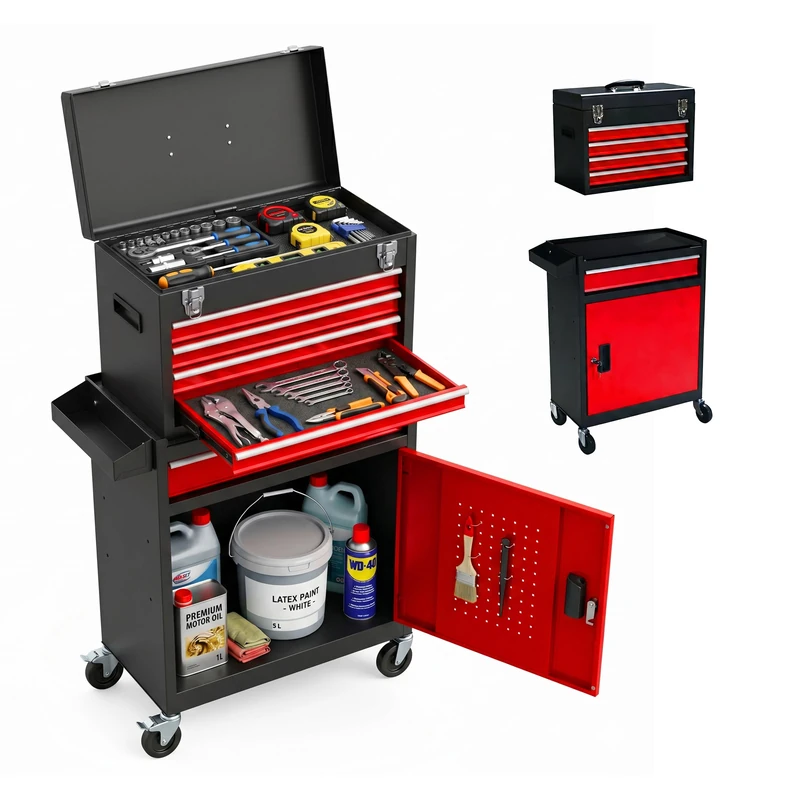 Relaxdays workshop trolley, 5 drawers & removable top box, lockable, HWD:104x59.5x28cm, steel, black/red