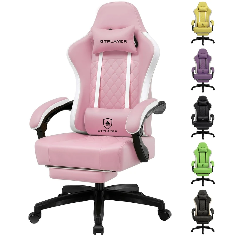 GTPLAYER Gaming Chair with Footrest, Ergonomic Computer Desk Chair with Pocket Spring Cushion Home Office High Back Support Lumbar Support Heavy Duty Wide, Pink