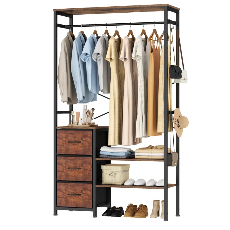 Feonase 3 in 1 Chest of Drawers, 3 Fabric Drawers Dresser for Bedroom with Hanging Rail and 3-layer for Shoe Rack, Heavy Duty Clothes Rack wiht Coat Hooks for Bedroom and Entryway - Image 1