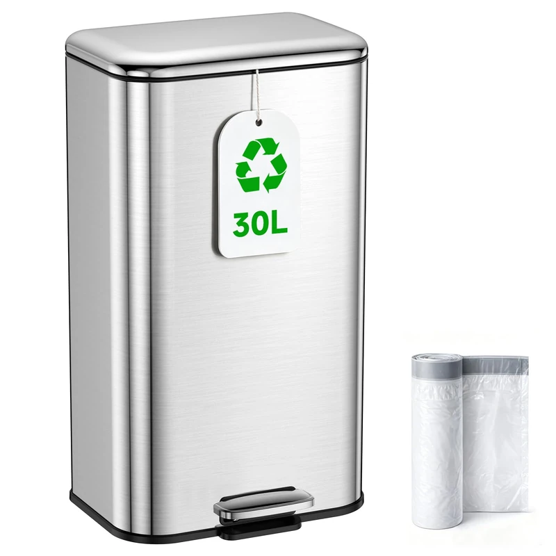 Kitchen Bin 30L, Pedal Bin, 8 Gallon Stainless Steel Soft‑Close Rubbish bin