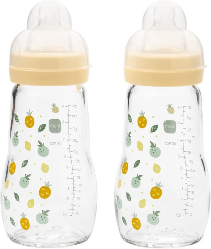MAM Feel Good Glass Bottle | 2 Pack (2 x 260ml) | MAM Glass Bottles with Medium Flow Teats Size 2 | Baby Accessories for Newborn | Yellow (Various Designs)