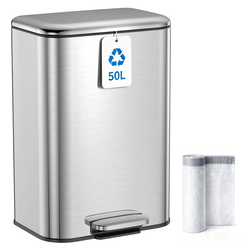 Kitchen Bin 50L, Pedal Bin,13 Gallon Stainless Steel Soft‑Close Rubbish bin