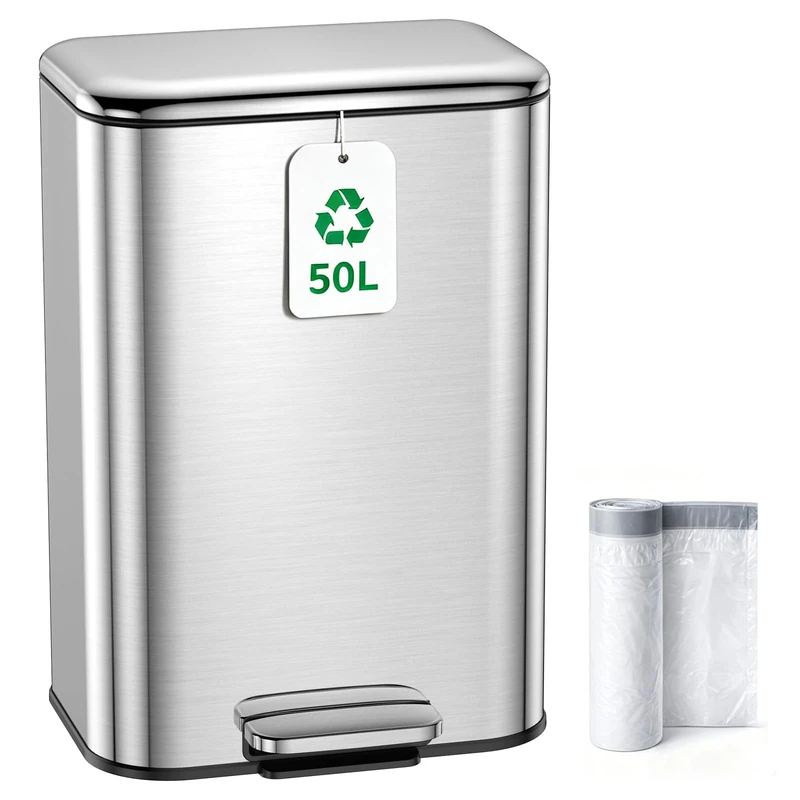 Kitchen Bin 50L, Pedal Bin, 13 Gallon Stainless Steel Rubbish bin, Soft‑Close & Stay-Open Lid, Fingerprint‑Resistant, Removable Inner Bucket, for Home, Office & Bathroom, Classic Silver 49.3