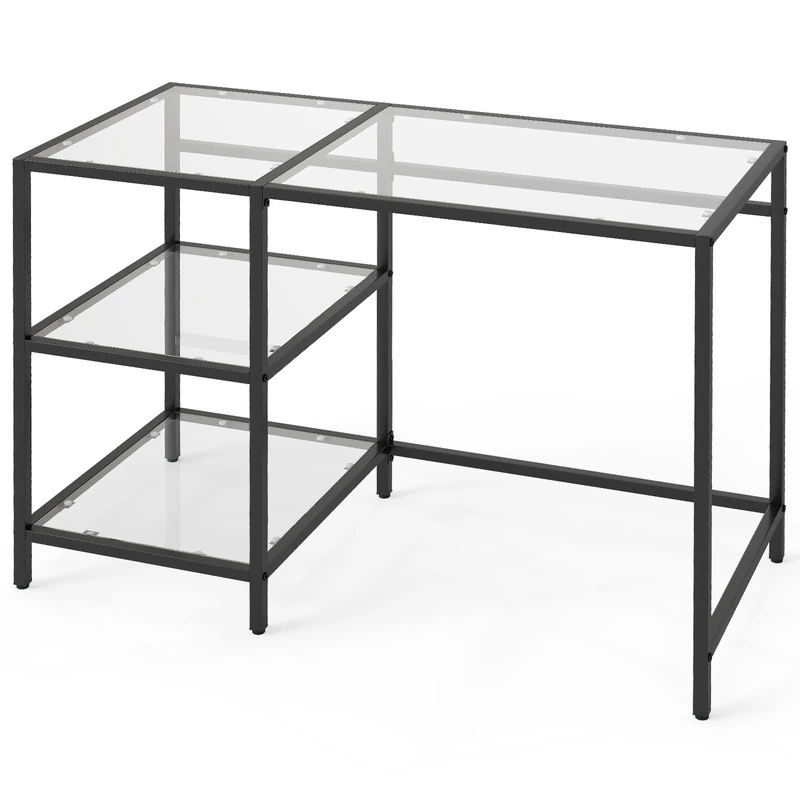 CASART Tempered Glass Computer Desk, Modern Office Desk Writing Table with Open Shelves, Metal Frame PC Laptop Table Workstation for Study Room Living Room (Black)