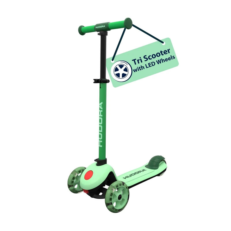 HUDORA Tri‑Scooter – MINT – mit LED‑Rädern – 3‑Rad Scooter mit höhenverstellbarem Lenker – breitem Hinterrad, ABEC‑7 Kugellager, rutschfestem Deck & Hinterradbremse – Outdoor Tretroller für Kinder - Image 1
