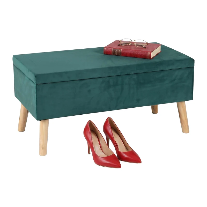 Relaxdays Velvet Storage Ottoman Bench, Padded Seat, Wooden Legs, 40L Capacity, 41x80x40cm, Upholstery Beige - Image 1