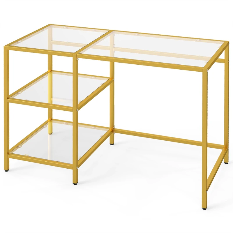 CASART Tempered Glass Computer Desk, Modern Office Desk Writing Table with Open Shelves, Metal Frame PC Laptop Table Workstation for Study Room Living Room (Gold)