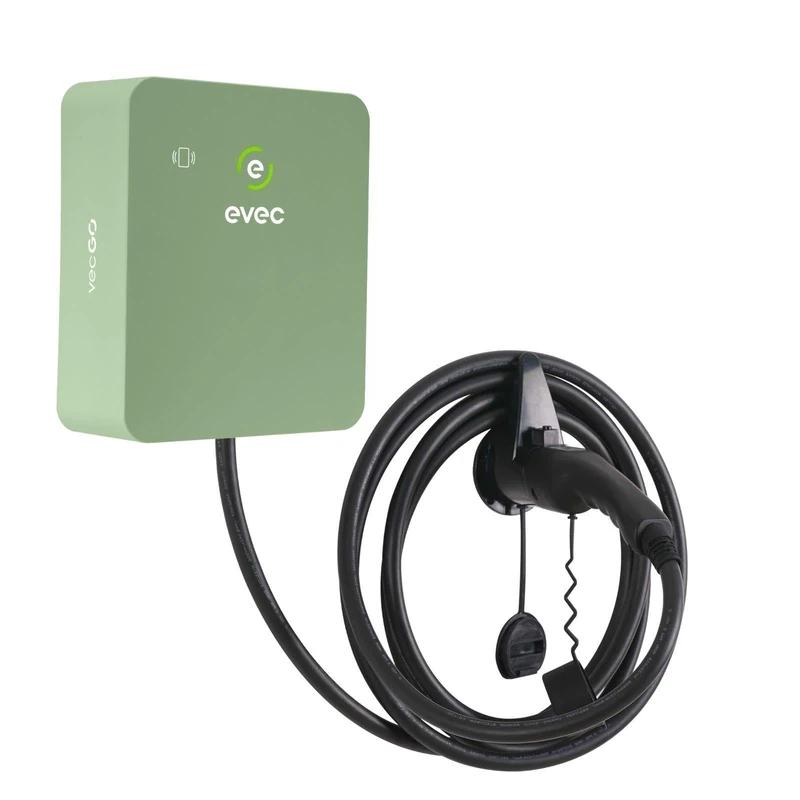 evec vecGO 2.0 EV Charger, Type 2, 7.4kW Tethered Single Phase Wall Mounted Home Car Charger, 3 Year Warranty, Sage Green - VEC03-N