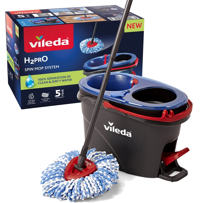 Vileda H2PrO Spin Mop and Bucket Set with Dual Tanks | Clean and Dirty Water Separation | Hygienic Microfibre Mop Head for Floors | Easy Foot Pedal Spin for Rinsing | Telescopic Handle up to 123 cm