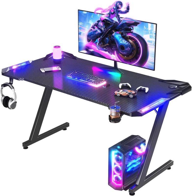 JUMMICO Gaming Desk 140x60cm with RGB LED Lights, Sturdy Computer Desk with Headphone Hook & Cup Holder, Gamer Desk for Home Office, Black - Image 1