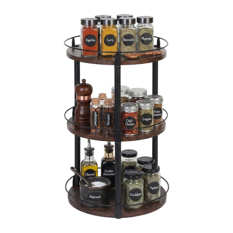 Relaxdays rotating spice rack, 3 tiers, 360° turntable, raised rim, HxD: 46 x 28 cm, oil & vinegar, brown/black - Image 1