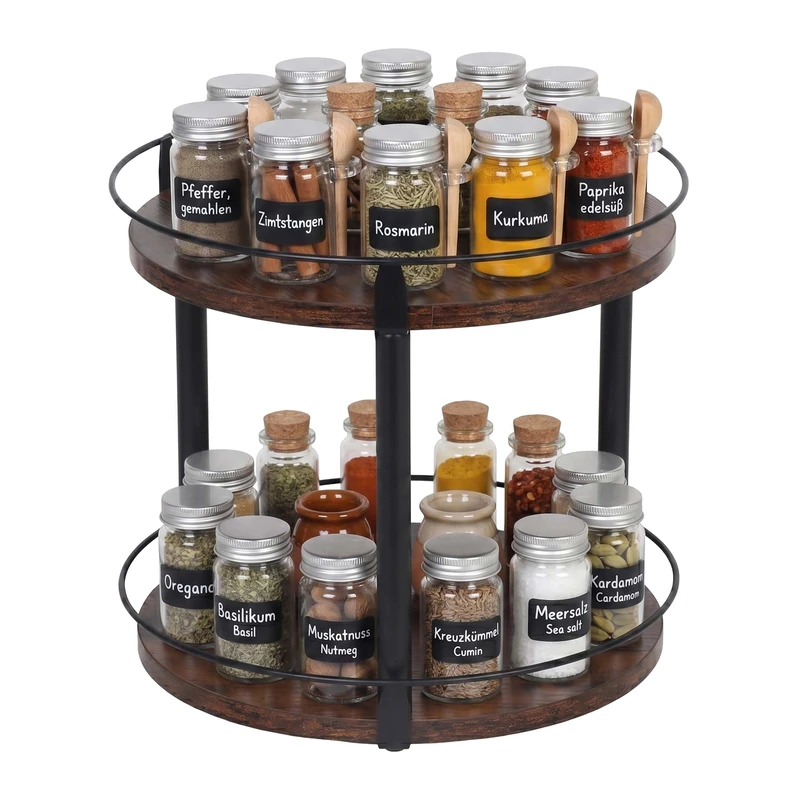 Relaxdays rotating spice rack, 2 tiers, 360° carousel, safety rim, HxD: 28 x 26 cm, oil & vinegar, brown/black - Image 1