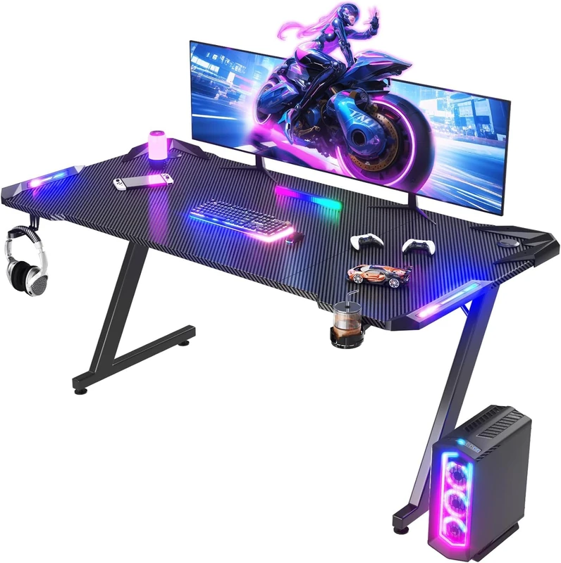 JUMMICO Gaming Desk 160x60cm with RGB LED Lights, Sturdy Computer Desk with Headphone Hook & Cup Holder, Gamer Desk for Home Office, Black - Image 1
