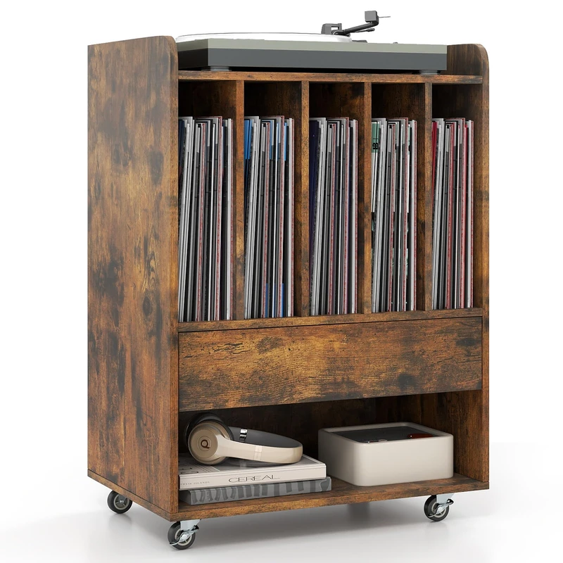 CASART Record Player Stand On Wheels (Rustic Brown)