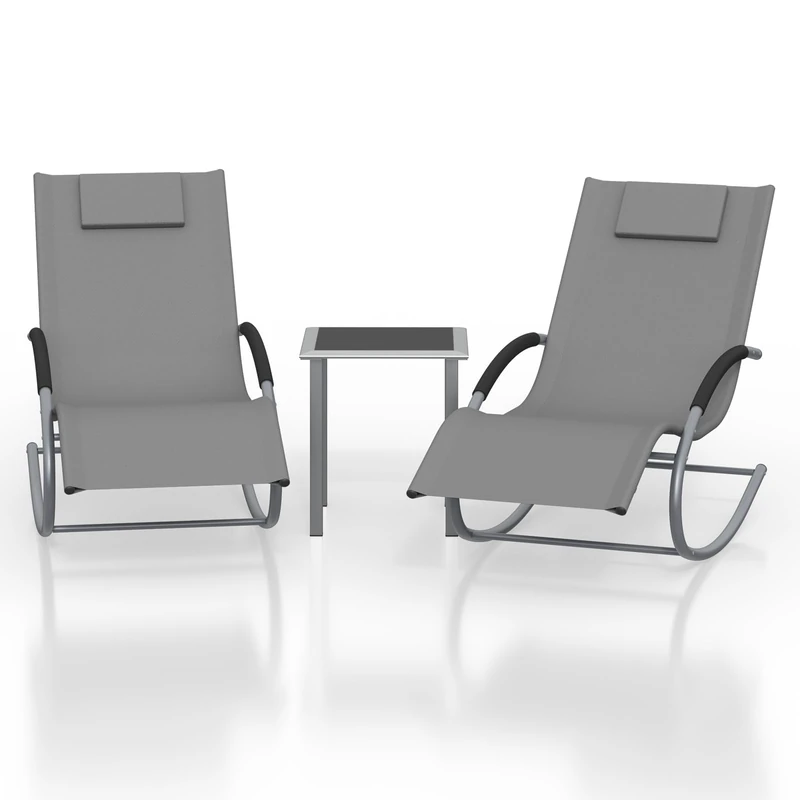 Garvee 3 Piece Garden Sun Lounger Set with Coffee Table and Pillows Folding Metal Sun Lounger Relaxation Lounger for Patio Balcony Pool Grey - Image 1