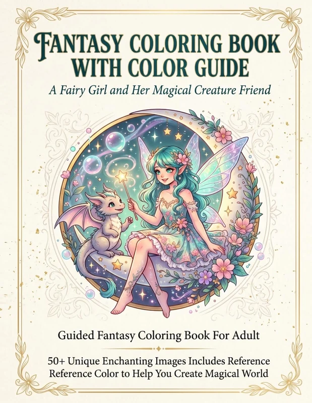 FANTASY COLORING BOOK WITH COLOR GUIDE: A Fairy Girl and Her Magical Creature Friend