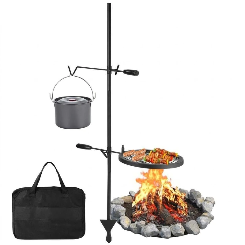 Garvee 34 cm 360 ° Sturdy Steel Swivel Camping Grill - Height Adjustable - with Bag, Stand and Hook - Set of 3 Baking Trays 13.5 x 13.5 cm - Vertical Grill + Hook, Set of Three Baking Trays - Image 1