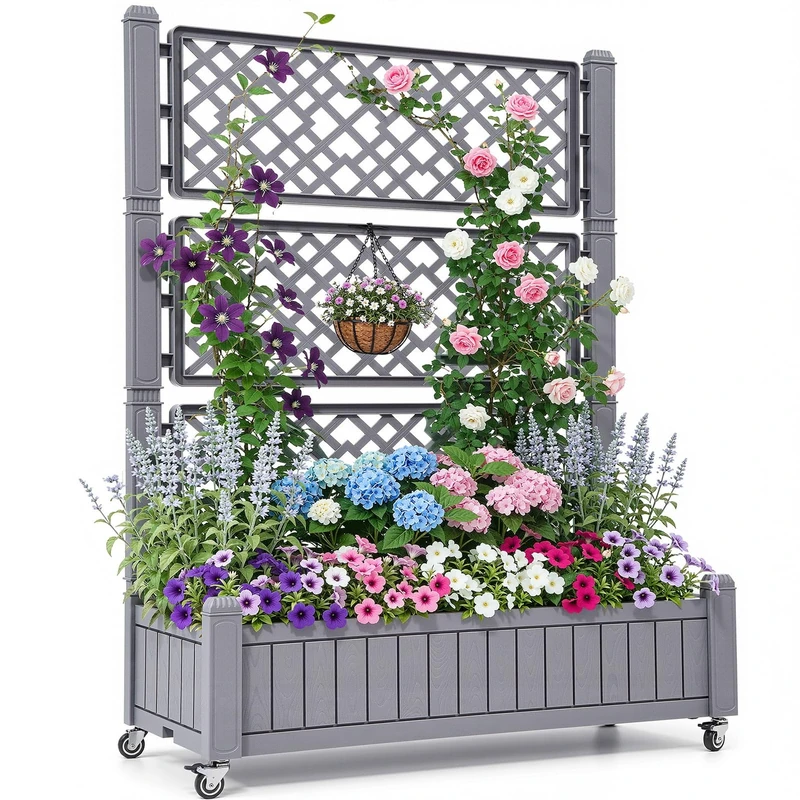 YITAHOME Raised Beds with Trellis, Garden Trellis with Wheels, Drainage Holes and Plugs for Climbing Plants, Raised Planter Holds 6.8 kg for Vegetables, Flowers (108.5 x 44 x 155 cm, Grey)