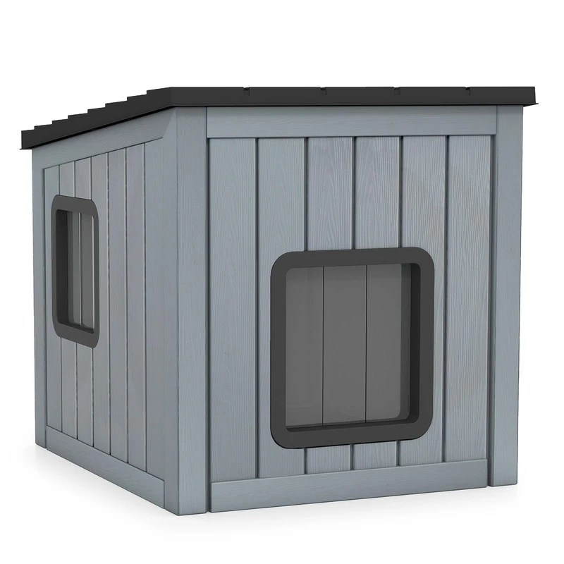 GYMAX Plastic Cat House, Weather-Resistant Cat Kennel with 2 PVC Doors & Sloped Roof, Indoor Outdoor Pet Insulated Shelter for Small Dogs Rabbits Puppies, Easy to Clean & Assemble