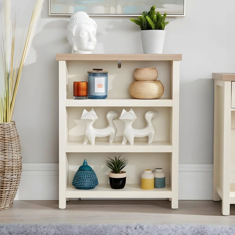 Home Source Avon Low 3 Tier Bookcase – Sonoma Oak Top, Open Shelves - 70W x 22.5D x 87H cm - Small Freestanding Short Bookshelf - Image 1