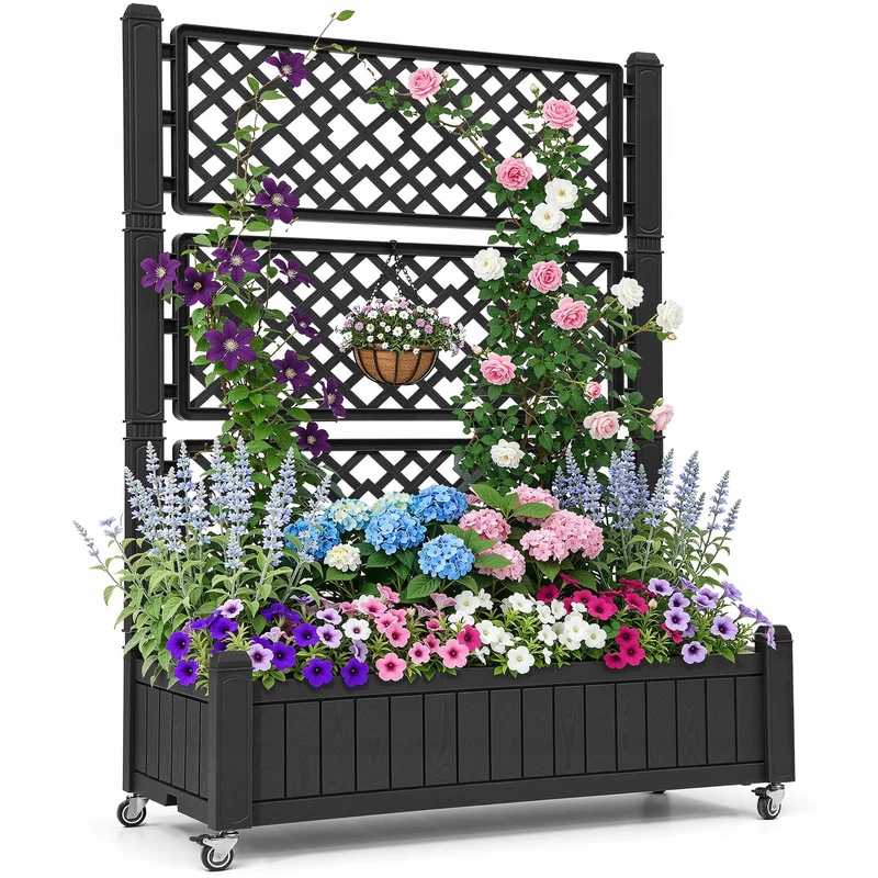 YITAHOME Raised Beds with Trellis, Garden Trellis with Wheels, Drainage Holes and Plugs for Climbing Plants, Raised Planter Holds 6.8 kg for Vegetables, Flowers (Black 108.5 x 44 x 155 cm)