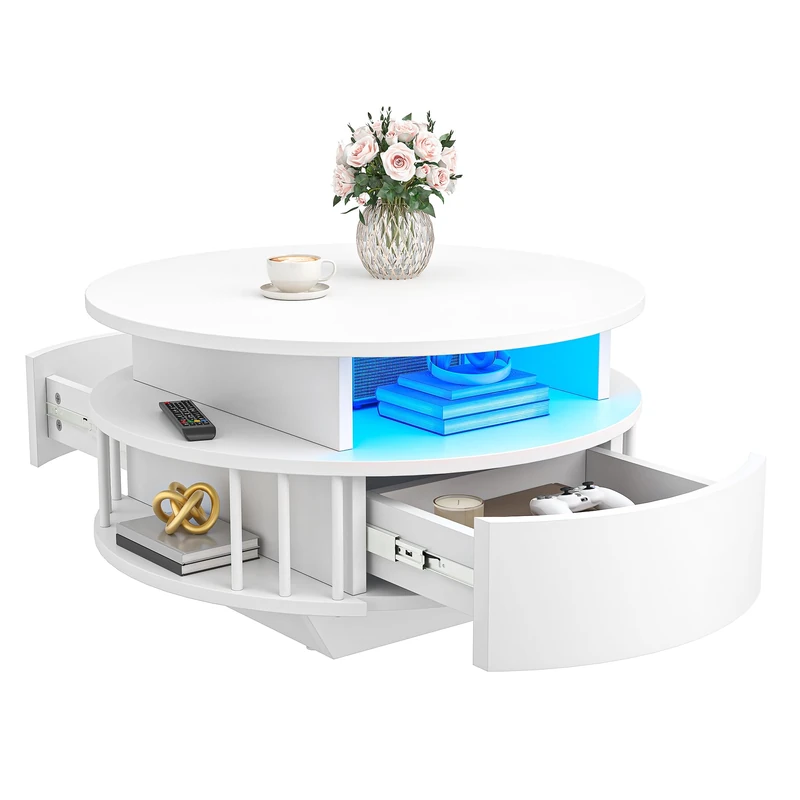 YITAHOME Modern Round Coffee Table with LED Lights, 70 cm Coffee Table with 2-Tier Storage Space and 2 Storage Drawers, Fluted Coffee Tables with and Shelves, Accent Table for Living Room, White - Image 1