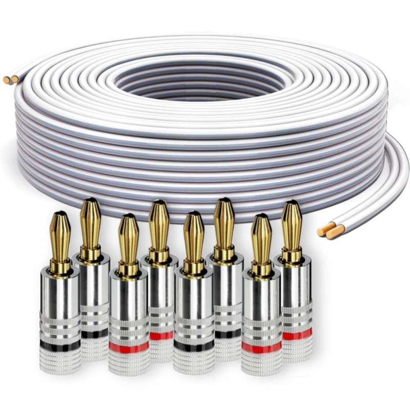 PureLink Speaker Cable Banana Plug Box Cable OFC 2 x 2.50 mm² (0.20 mm), 20.0 m with 8x Plugs, Pure Copper for HiFi Speaker Boxes Subwoofer, with Polarity Marking, White
