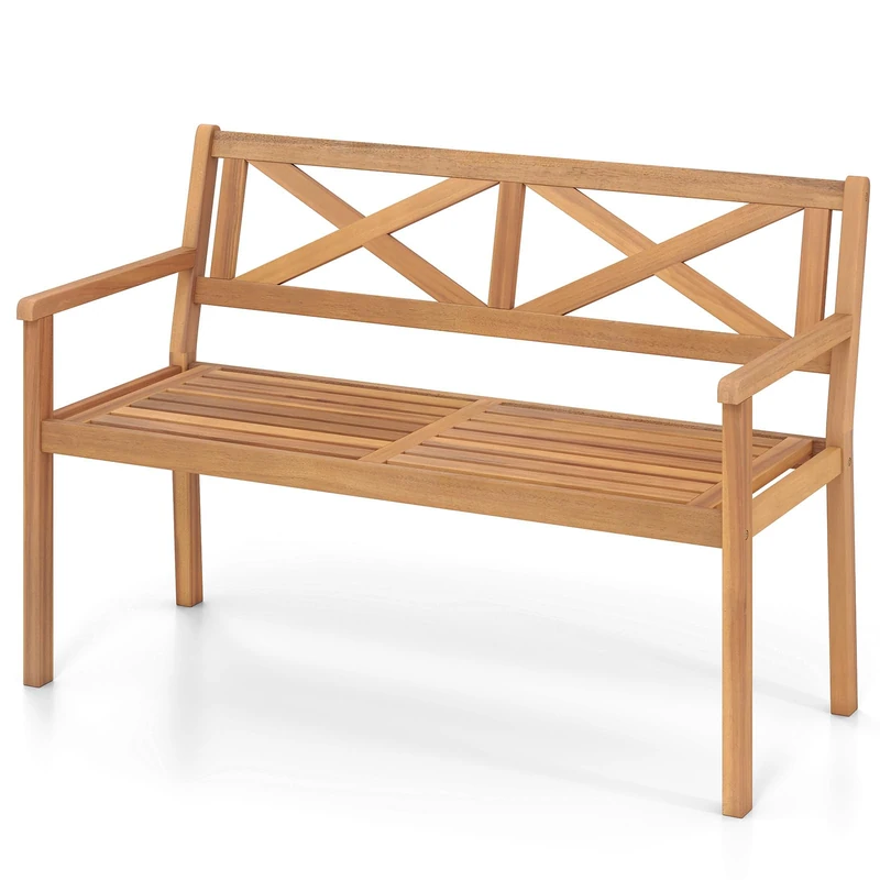 RELAX4LIFE Garden Bench, Patio Acacia Wood Park Chair Seat with Armrests & Backrest, 2-Person Slatted Leisure Loveseat for Yard Garden Porch (Natural, X-Shaped Backrest)