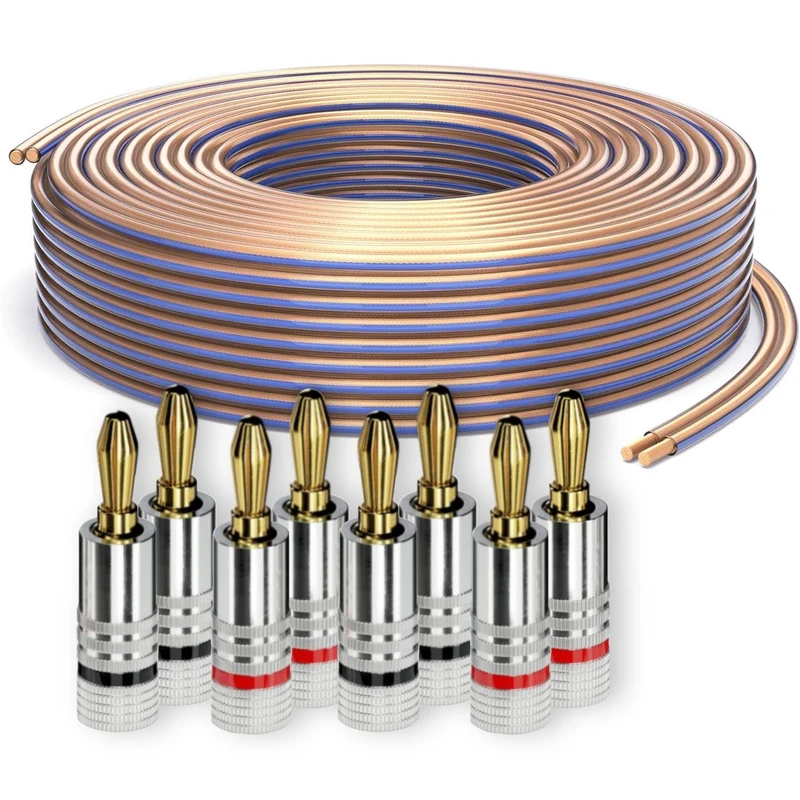 PureLink Speaker Cable Banana Plug Box Cable OFC 2 x 2.50 mm² (0.10 mm), 30.0 m with 8x Plugs, Made of Pure Copper for HiFi Speaker Boxes Subwoofer, with Polarity Marking, Transparent