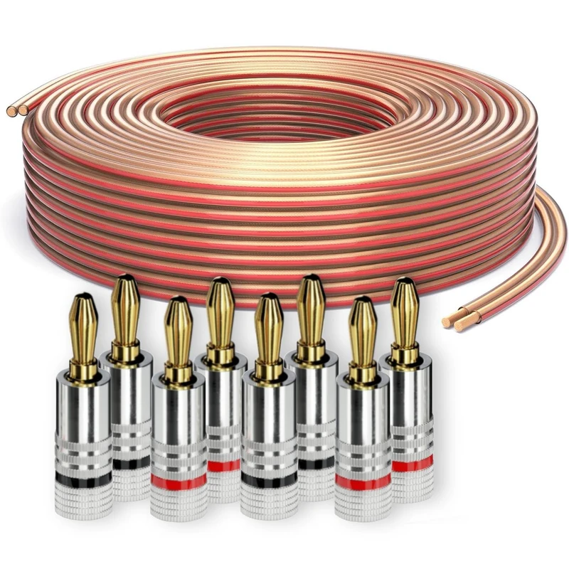 PureLink Speaker Cable Banana Plug Box Cable OFC 2 x 2.50 mm² (0.20 mm), 25.0 m with 8x Plugs, Made of Pure Copper for HiFi Speaker Boxes Subwoofer, with Polarity Marking, Transparent