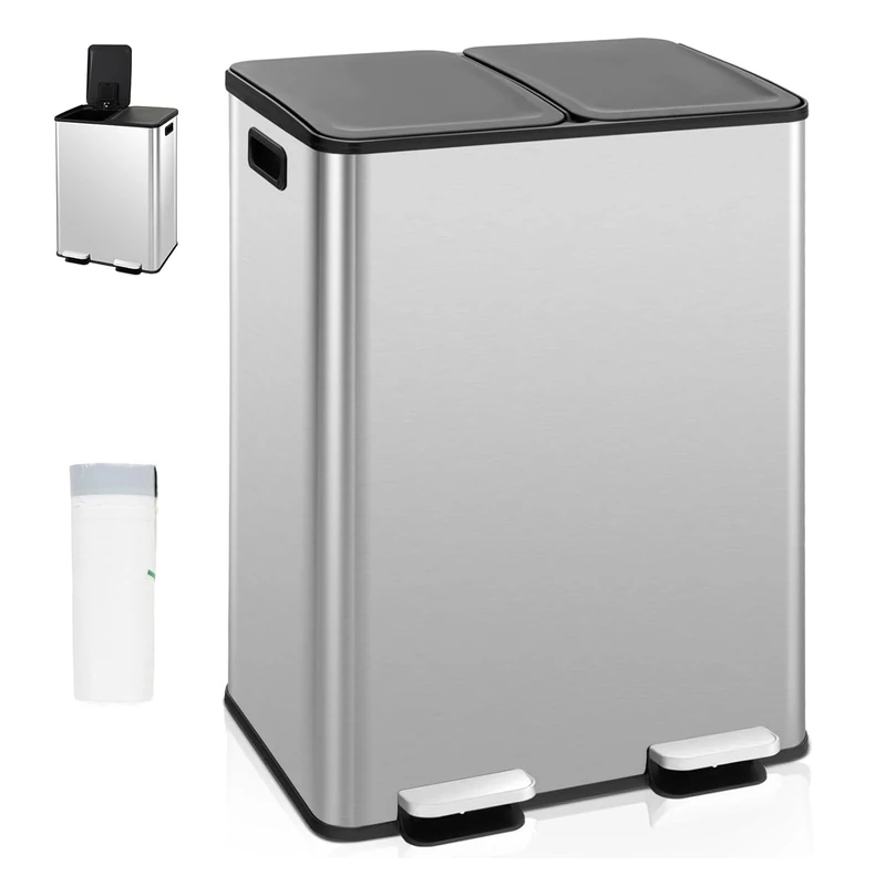 GiantexUK 60L Kitchen Pedal Bin, 2x30L Stainless Steel Recycling Rubbish Can with Detachable Inner Buckets, Deodorant Boxes, Double Step-on Waste Dustbin for Home (Silver with Trash Bags)