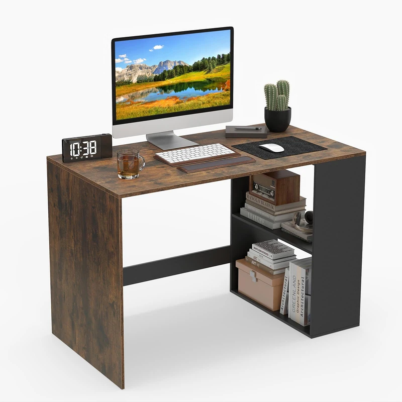 CASART Compact Computer Desk, Small Writing Desk with Storage Shelves, Space-saving Home Office Laptop Workstation for Small Space in Bedroom Study Living Room (Rustic Brown+Black, 112 x 60 x 75cm)