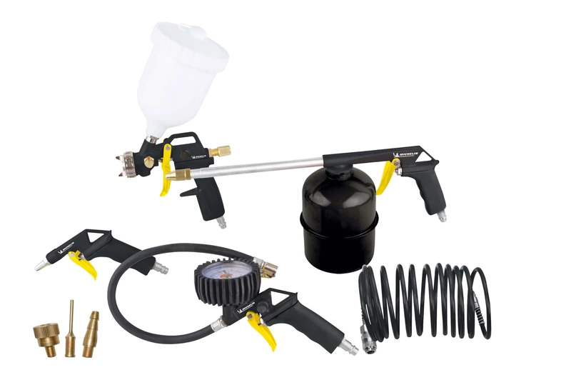 Michelin, Compressor Accessory Kit 8 Pieces (Includes 5 m Spiral Hose Complete with Quick Connections, Inflation Gun, Blow Gun, Gravity Airbrush, Washing Gun, 3 Nozzles