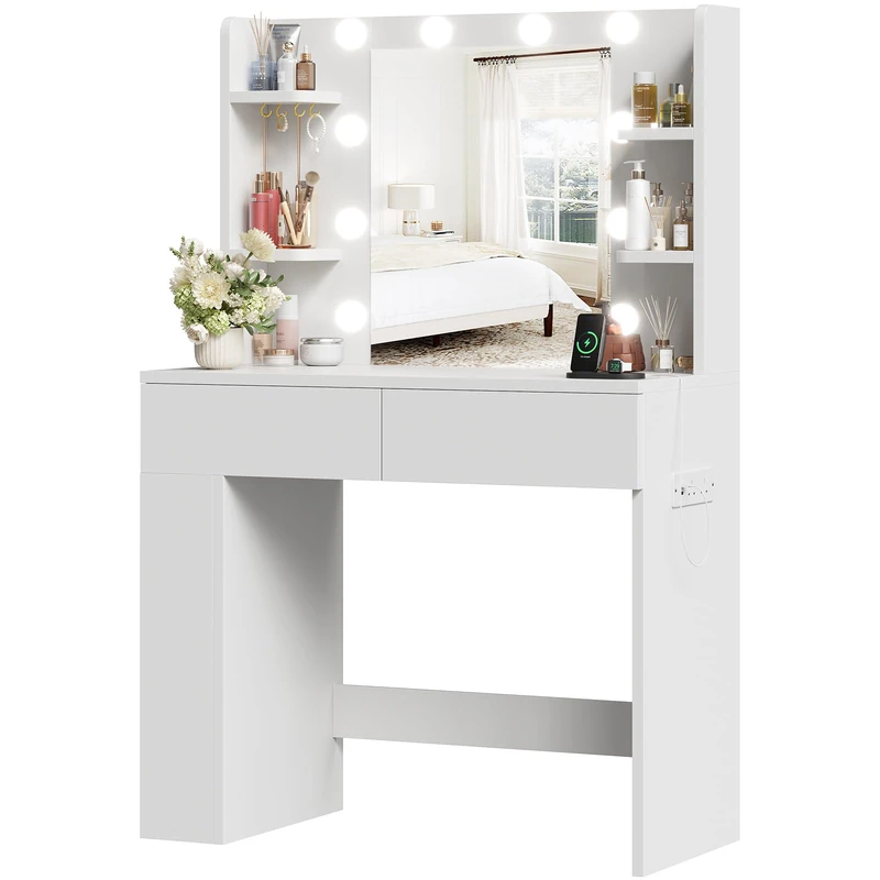 JUMMICO Dressing Table with Lighting and Mirror, 55 x 45 cm, Modern Makeup Table with Socket & USB Ports, 3 Colour Modes, 2 Drawers & Adjustable Side Box, for Bedroom, White