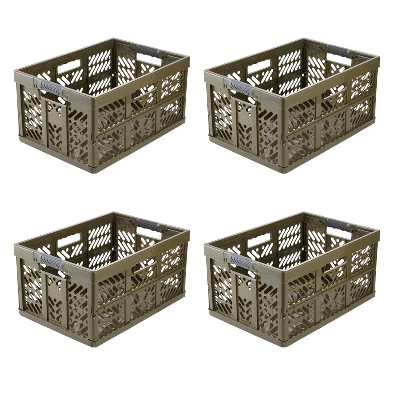 keeeper ben 4 x Sturdy Professional Folding Boxes with Soft-Touch Handles, 45 L, Up to 50 kg Load Capacity, Robust and Lightweight, 54 x 37 x 28 cm, Olive Green (Olive)
