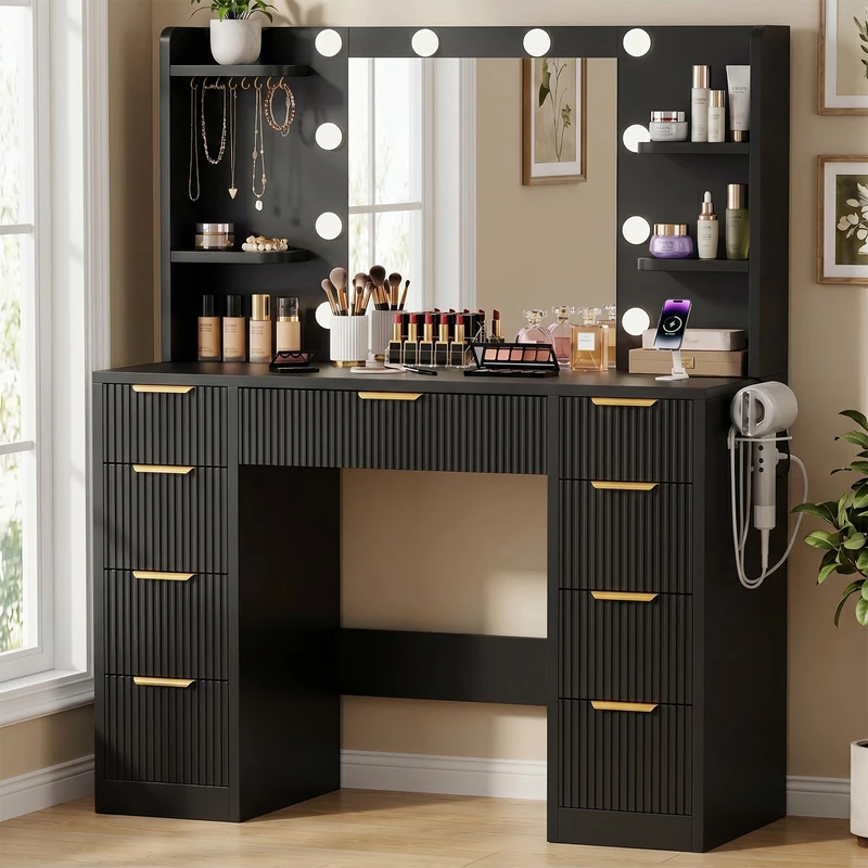 JUMMICO Modern Dressing Table with Lighting & Socket, Large Mirror, 9 Drawers, Vanity Desk with Hair Dryer Holder, Makeup Table for Bedroom, Black - Image 1