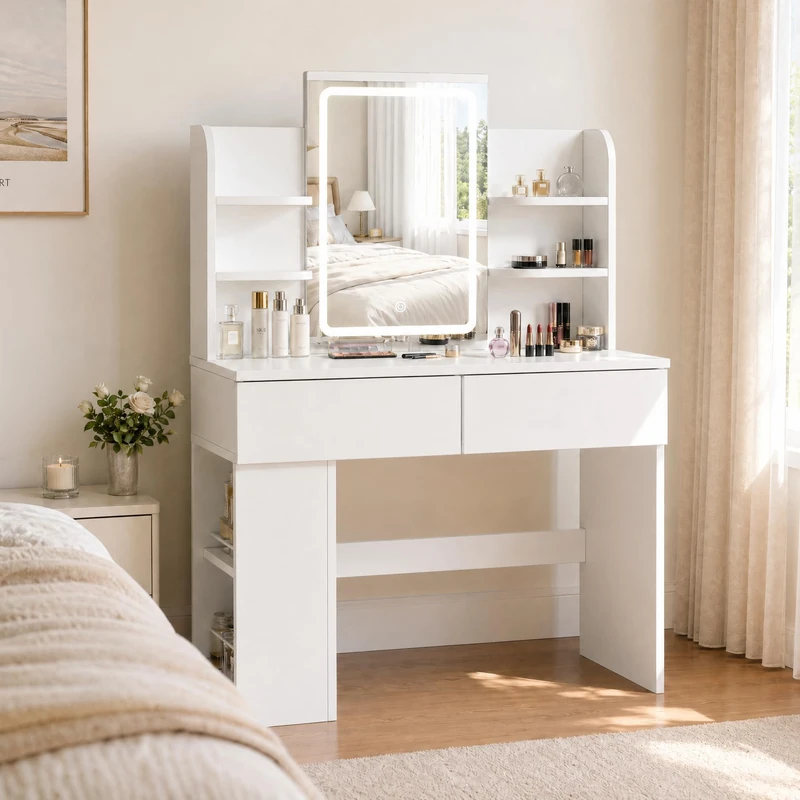 JUMMICO 90cm Dressing Table with LED Mirror, Adjustable Brightness Vanity Desk, Makeup Table with 2 Large Drawers, Open Shelves and Sideboard, Bedroom Furniture, White