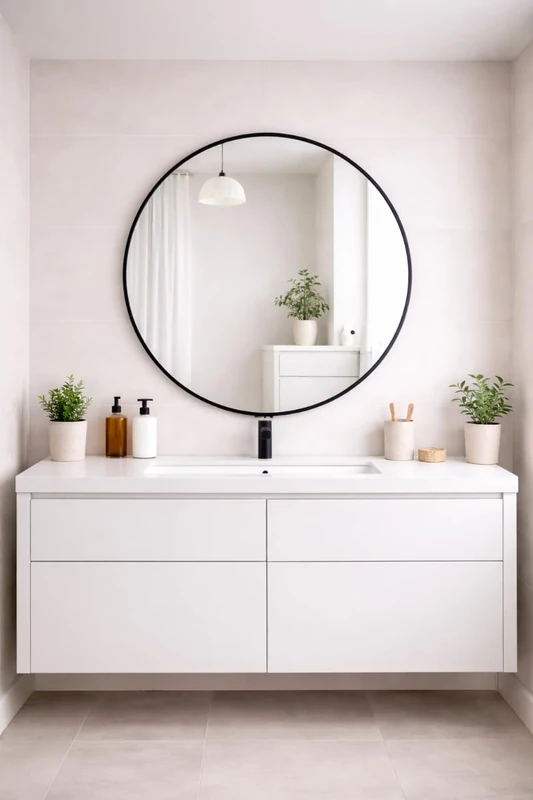 MirrorOutlet The Fenestra - Black edged Modern Round Circular Wall Mirror 35" X 35" (90CM X 90CM) Silver Mirror Glass with Black Metal Frame