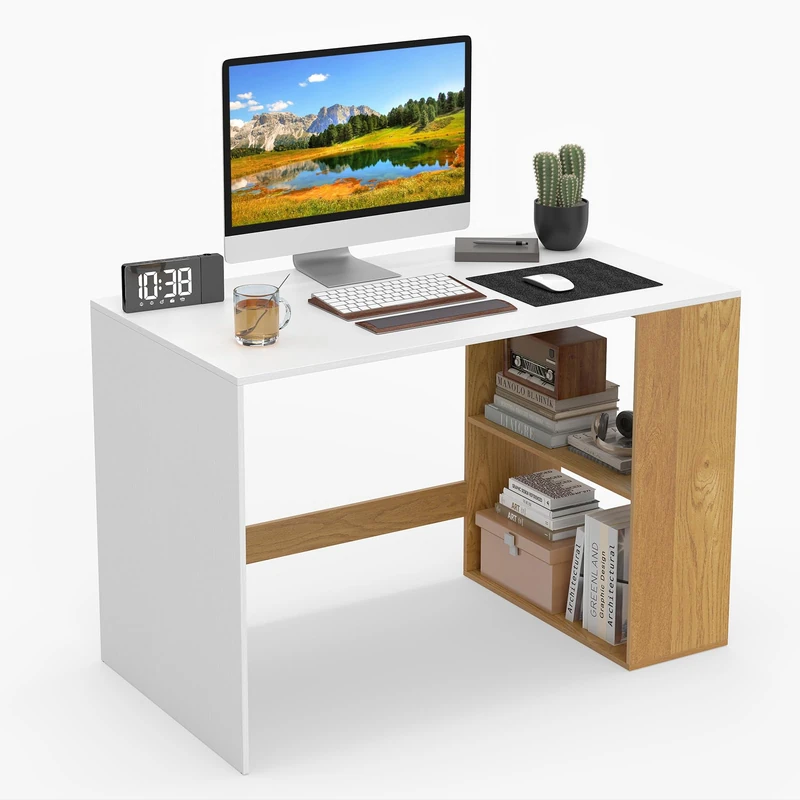 CASART Compact Computer Desk, Small Writing Desk with Storage Shelves, Space-saving Home Office Laptop Workstation for Small Space in Bedroom Study Living Room (White+Natural, 112 x 60 x 75cm)