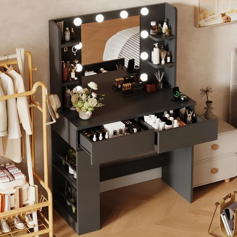 JUMMICO Dressing Table with Lighting and Mirror 55 x 45 cm, Modern Makeup Table with Socket and USB Ports, 3 Colour Modes, 2 Drawers & Adjustable Side Box, for Bedroom, Black