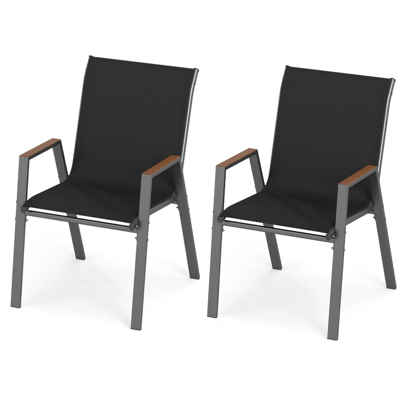 GiantexUK Stackable Patio Chairs Set of 2/4, Metal Frame Outdoor Dining Chairs with High Back & Armrests, Breathable Fabric Bistro Conversation Seats for Backyard Poolside Balcony (2, Black)