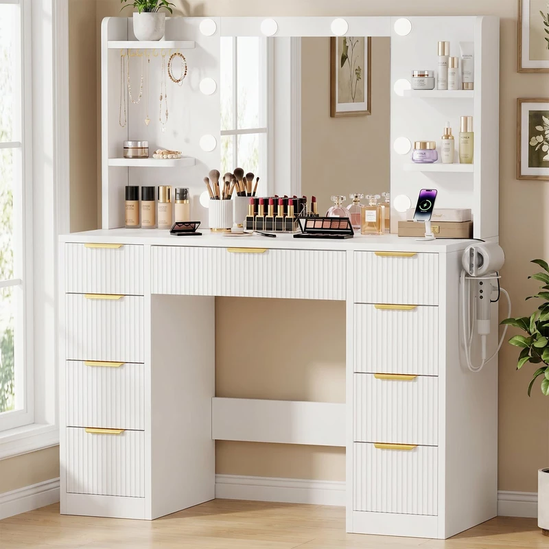 JUMMICO Modern Dressing Table with Lighting & Socket, Large Mirror, 9 Drawers, Vanity Desk with Hair Dryer Holder, Makeup Table for Bedroom, White