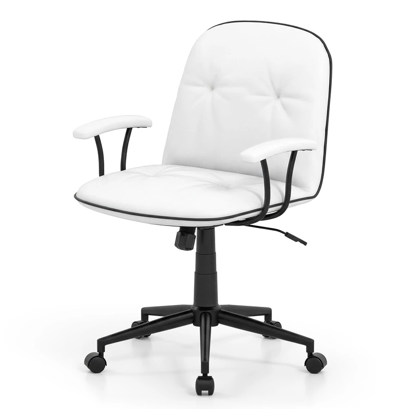 CASART PU Leather Home Office Chair, Height Adjustable Computer Chair with Rocking Function & Rolling Wheels, Swivel Mid Back Task Desk Chairs for Office Study Bedroom (White, with Armrest)