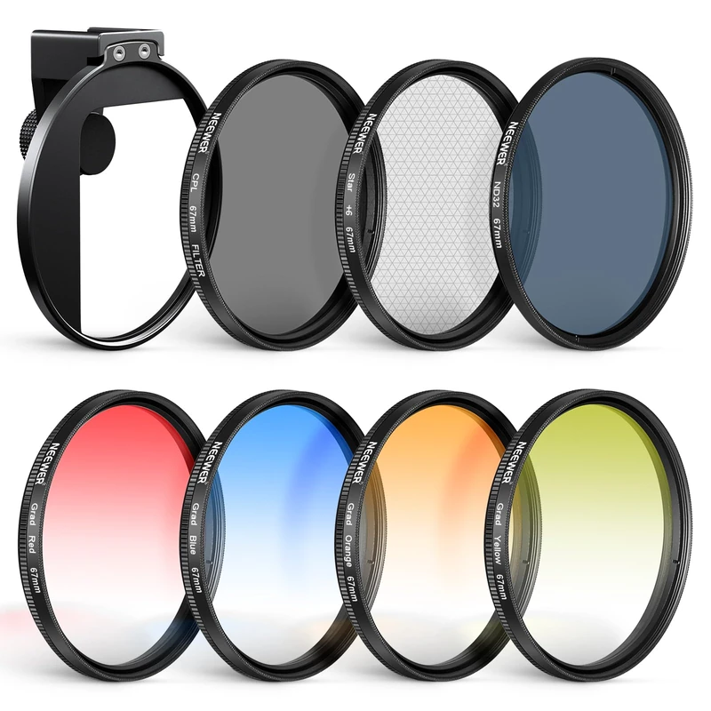 NEEWER 67 mm ND Filter Kit with Clip Attachment for Flash Shoe, 7 Filter Pack: 4 Gradient Colour Filters+Star+ND 32+CPL Compatible with iPhone 17 16, Android Samsung Galaxy S26 Ultra, FL-P15