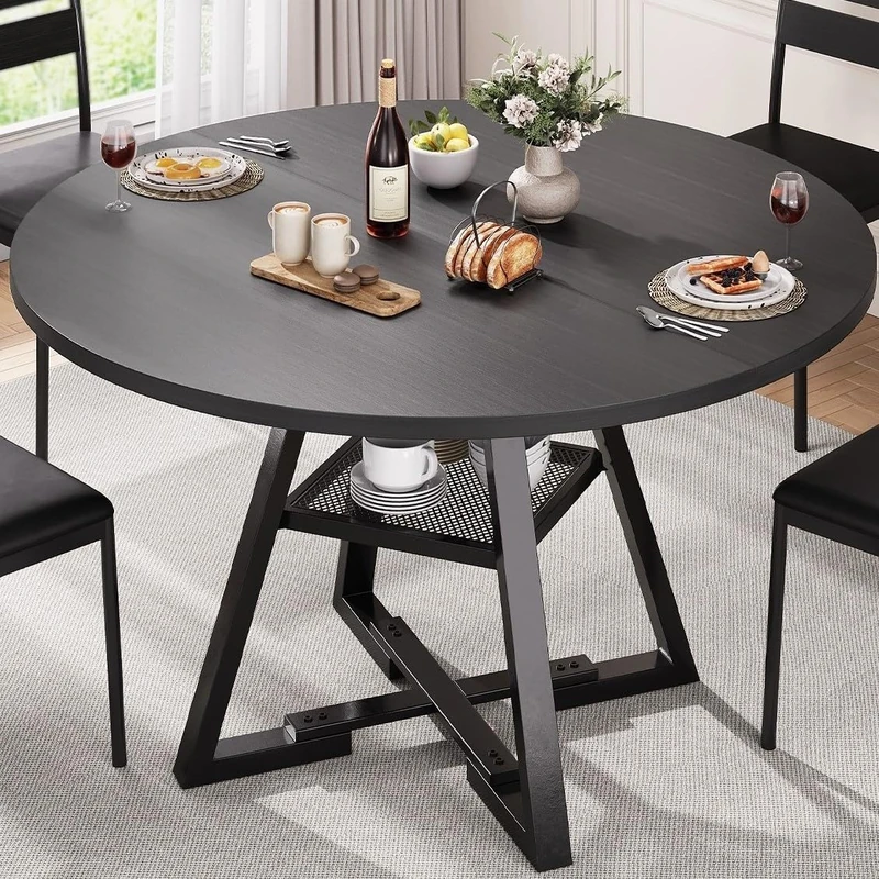 Jocoevol Round Dining Table for 2 People, Circle Dinner Table with Shelves, Space Saving Wood Kitchen & Dining Room Furniture (Black, 31 inch