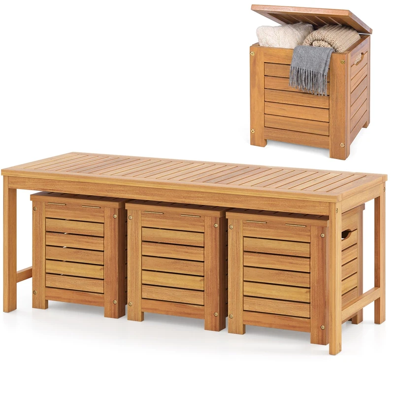 RELAX4LIFE Patio Bench and Storage Box, Wooden Garden Bench Park Chair Slatted Seat with 3 Storage Boxes, 2-Seater Outdoor Furniture Loveseat and Chest Container for Backyard Porch Balcony