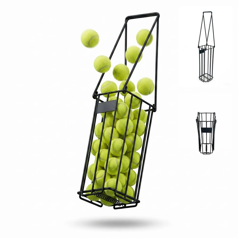 Relaxdays Tennis Ball Basket, folding handles, metal, HxWxD: 40.5 x 14 x 14 cm, tennis ball collector, black - Image 1